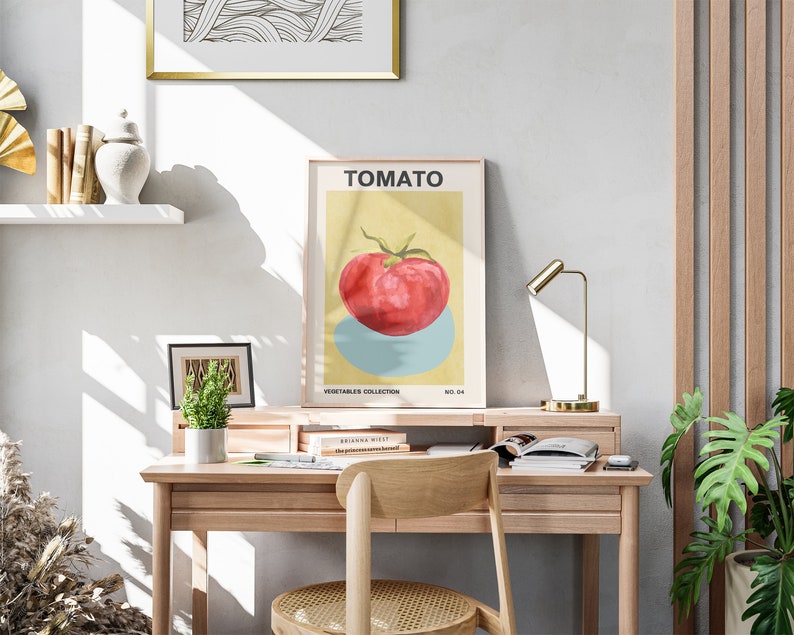May include: A minimalist poster with a yellow background and a red tomato illustration. The poster is titled "TOMATO" and has the text "VEGETABLES COLLECTION" and "NO. 04" at the bottom.