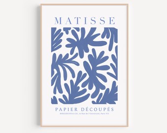 Puede incluir: Una impresión de arte azul y blanca con un diseño de recorte de Matisse con el texto "MATISSE PAPIER DÉCOUPÉS BERGGRUEN & CIE, 70 Rue de l'Université, Paris VII".
