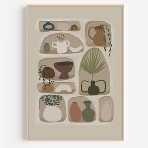 Impresión de pared de cerámica abstracta, Arte de descarga digital, Arte de planta minimalista, Arte tropical, Jarrón de hoja de palma, Impresión de arte, Póster de cerámica de arcilla, Boho