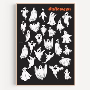 Può includere: Uno sfondo nero con una cornice bianca e la parola "Halloween" in testo arancione. Ci sono 28 illustrazioni di fantasmi bianchi di varie forme e dimensioni.