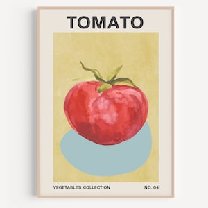 May include: A minimalist poster with a red tomato on a light blue background. The poster has the word "TOMATO" in black text at the top and "VEGETABLES COLLECTION NO. 04" at the bottom.