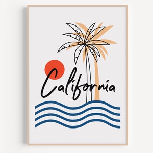 Può includere: Un'illustrazione minimalista di una palma con un sole rosso e onde blu. Il testo "California" è scritto in corsivo nero sotto la palma.
