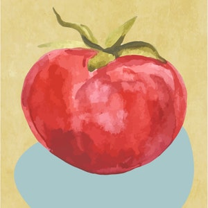 May include: A watercolor painting of a red tomato on a light blue background.