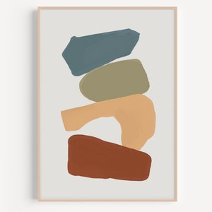 Può includere: Stampa d'arte astratta con quattro forme sovrapposte in tonalità di blu, verde, arancione e marrone. Le forme sono impilate l'una sull'altra, creando un design moderno e minimalista.