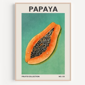 Può includere: Un poster con un design minimalista che presenta una papaya tagliata a metà, con semi neri visibili. Lo sfondo è di colore verde turchese. Il testo "PAPAYA" è in nero nella parte superiore del poster, e "FRUITS COLLECTION NO. 03" è nella parte inferiore.