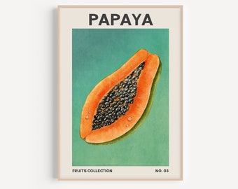 May include: A poster with a minimalist design featuring a papaya cut in half, with black seeds visible. The background is a teal green color. The text "PAPAYA" is in black at the top of the poster, and "FRUITS COLLECTION NO. 03" is at the bottom.
