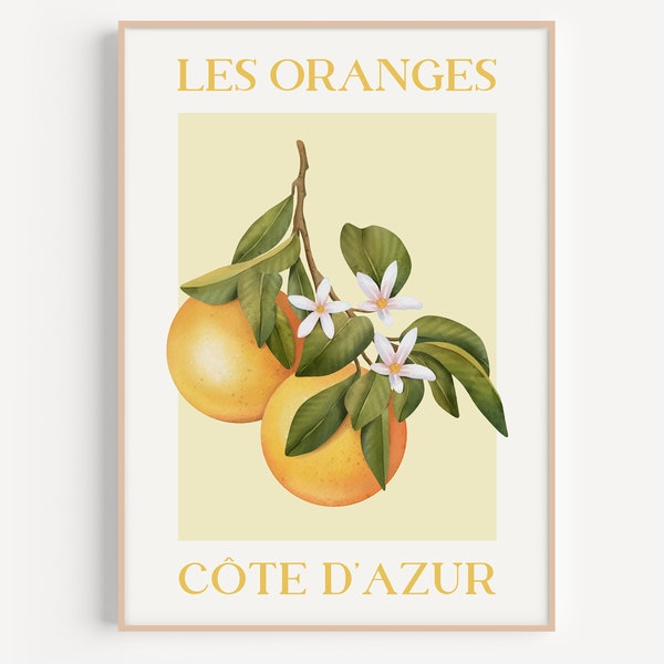 Les Oranges Cote d' Azur Poster, Orange Fruit Market, Botanical Wall Art, France Poster, Oranges Illustration, Nice City Poster, Montpellier