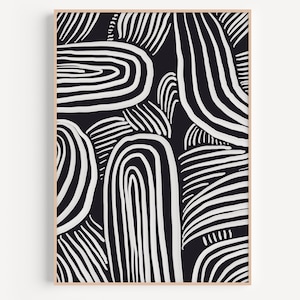 Può includere: Stampa d'arte astratta in bianco e nero con un motivo geometrico di linee e forme curve.
