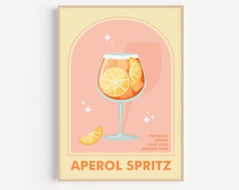 Aperol Spritz Cocktail Print, Cocktail Bar Arte Imprimible, Arte De Pared De Cocina, Spritz Retro Cocktail Wall Art, Cocktail Poster, Cocktail Art