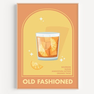 Old Fashioned Cocktail Print, Kitchen Art, Kitchen Decor, Cocktail Art, Cool Art for Airbnb, Mid Century Print, Old Fashioned Print