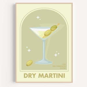 Può includere: Un'illustrazione in stile vintage di un cocktail Dry Martini. Il bicchiere da martini è pieno di un liquido trasparente e guarnito con olive verdi su uno stuzzicadenti. Lo sfondo è verde chiaro con una forma ad arco sottile. Il testo "DRY MARTINI" è in grassetto, giallo, nella parte inferiore dell'immagine. Gli ingredienti sono elencati di seguito: "GIN, VERMOUTH SECCO, OLIVE."