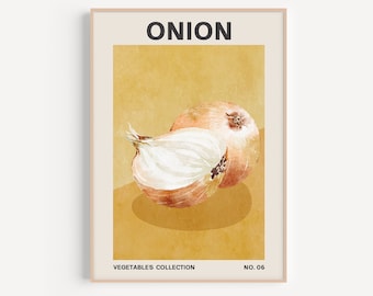 Könnte beinhalten: Eine Aquarell-Illustration von zwei Zwiebeln auf gelbem Hintergrund. Der Text "ONION" befindet sich oben im Bild. Der Text "VEGETABLES COLLECTION NO. 06" befindet sich unten im Bild.