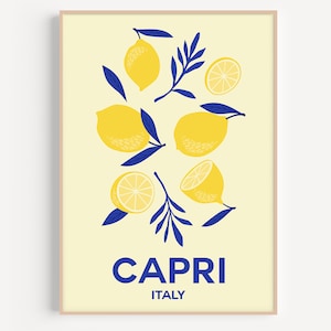 May include: A yellow and blue illustration of lemons and leaves with the text "CAPRI ITALY" on a light yellow background.