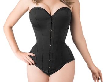 Schwarzes Satin Longline Stahl Ohne Knochen Überbrustkorsett von Corset Story ™