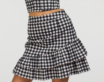 Sammy Black Gingham Cotton Skirt with Asymmetric Frill by Corset Story