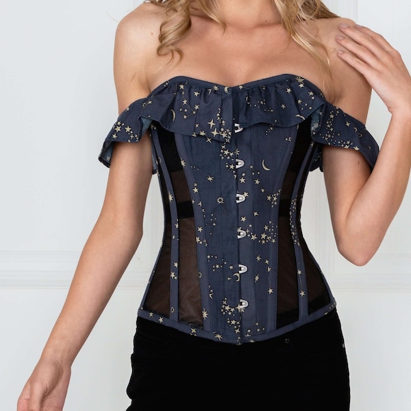 Corset Story Astronomy Print Steel Boned Overbust Corset with Mesh Panels and Sleeves