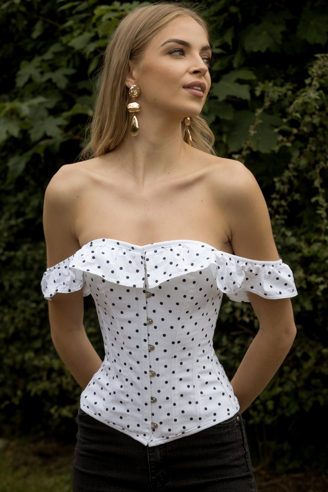 Polka Dot Americana Straight Bustline Steel Boned Corset Top With off the  Shoulder Sleeves by Corset Story 