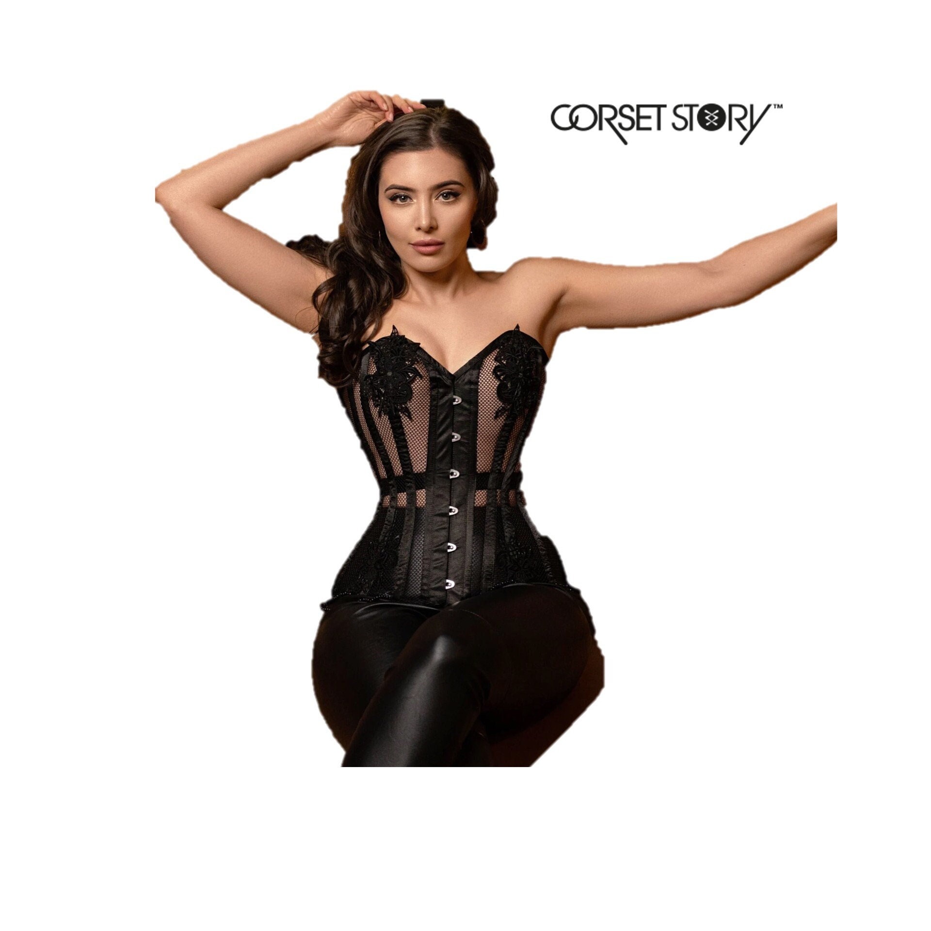 Corset Story Black Mesh & Lace Appliqué Overbust Steel Boned