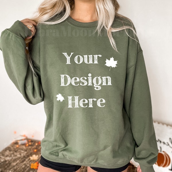 Gildan 18000 Mockup Military Green Gildan Sweatshirt Fall Mockup Sweatshirt Mockup Model Mockup