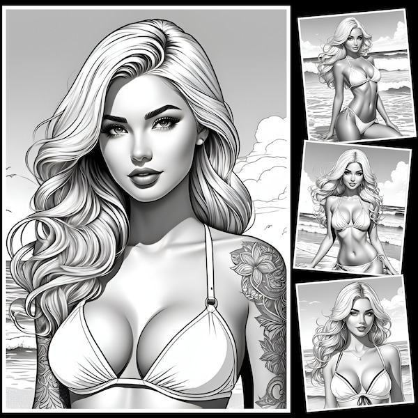 Sexy Bikini Girls 40 Coloring Pages + 30 Pictures for Adults Coloring Page Coloring Book Woman Women AI Generated Digital Photo Art Print
