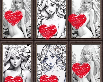 Beautiful Flowers Girls Sexy Girls Coloring Pages Coloring Page Coloring Book For Adults 18+ Naked Woman Women Digital Print AI Art