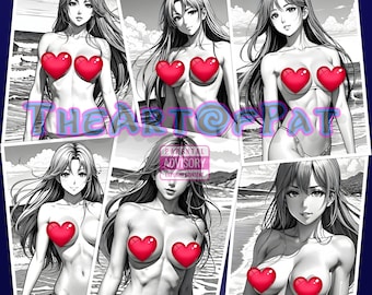 50 Hot Anime Girls On The Beach 18+ Sexy Grayscale Coloring Pages For Adults Coloring Book Naked Woman Digital Print Coloring Page