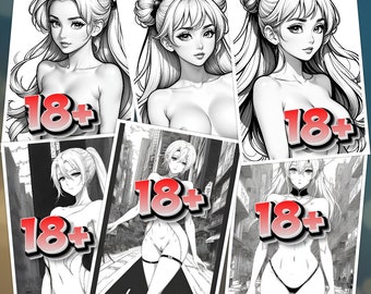 Sexy Anime Girls Coloring Pages Coloring Book Coloring Book for Adults 18+ Naked Woman Digital Print Printable Grayscale Grayscale