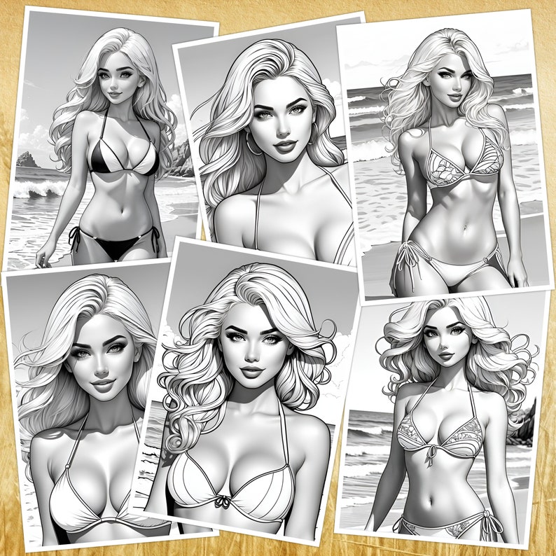 Sexy Bikini Girls 40 Coloring Pages 30 Pictures for Adults Coloring Page Coloring Book Woman Women AI Generated Digital Photo Art Print image 3