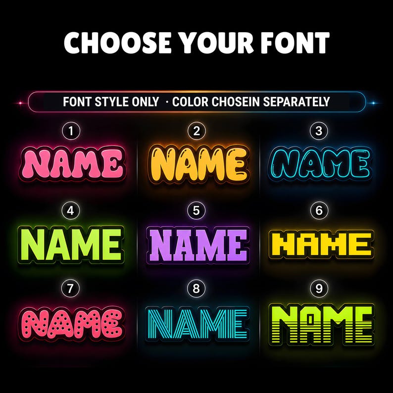 May include: A font selection chart featuring the text CHOOSE YOUR FONT and FONT STYLE ONLY &middot; COLOR CHOSEIN SEPARATELY. Nine numbered options display the word NAME in various typographic styles, including bubble, block, dotted, and striped designs.