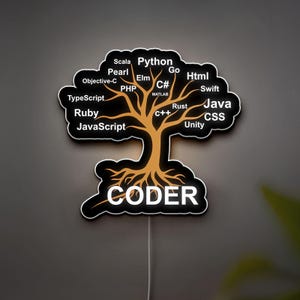 Programmer Tree 3D Light Box, Coding Themed Led Night Light, Tech Decor for Developers and Computer Science Students