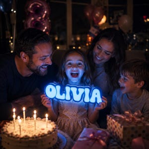 May include: A glowing, custom-made neon-style sign displaying the name OLIVIA in bold, rounded, white capital letters with a blue light border, held by a child during a birthday celebration with a lit cake and wrapped gifts in the foreground.