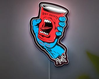 Santa Cruz Screaming Hand Glow Sign - Skateboard Wall Art LED Light, Riot Society Inspired Decor, Surf Shop Night Lamp