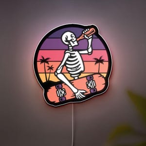 Skater Skeleton 3D Light Box - Cool Skateboarder LED Night Light, Gothic Decor for Teen Rooms & Unique Gift for Skate Fans