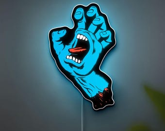 Screaming Hand Glow Light - Retro Skate Art LED Sign, Surf Culture Night Lamp, Edgy Room Decor with Vintage Vibes