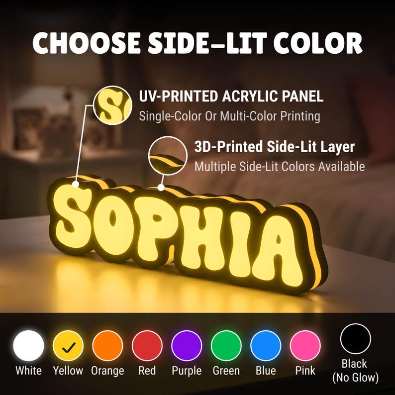 May include: A custom name sign displaying the name SOPHIA in bold yellow letters with a black border. The sign features a UV-printed acrylic panel and a 3D-printed side-lit layer. Below, a color selection guide shows white, yellow, orange, red, purple, green, blue, pink, and black options.