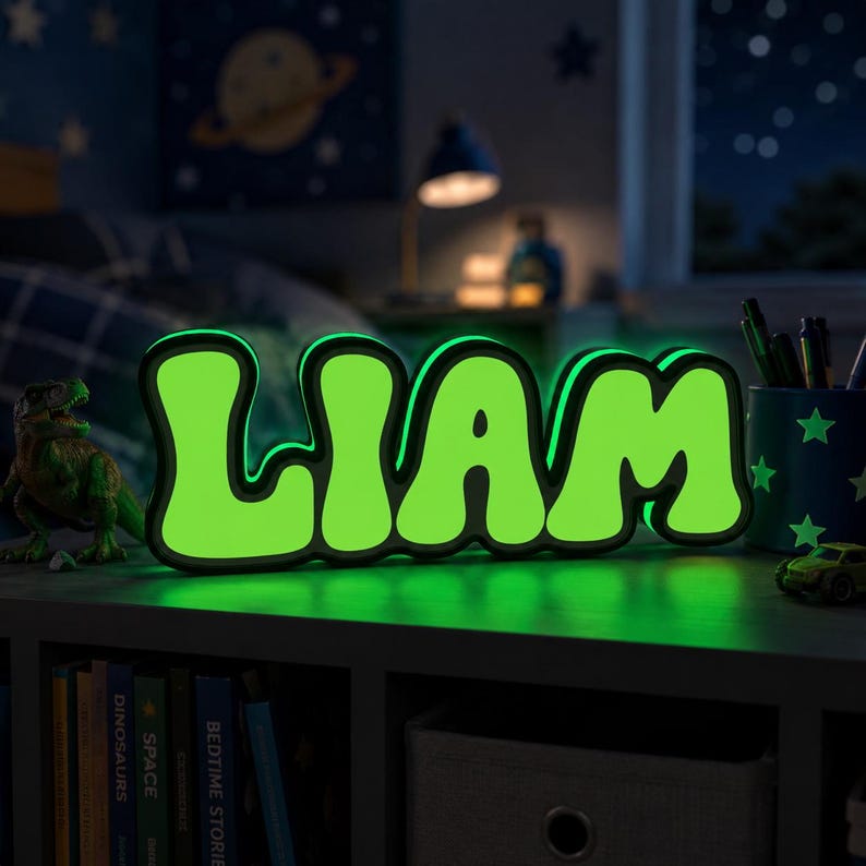 May include: A custom-made, illuminated sign displaying the name LIAM in bold, rounded, lime green letters with a thick black border. The sign emits a bright glow, highlighting the typography against the dark, out-of-focus bedroom setting.
