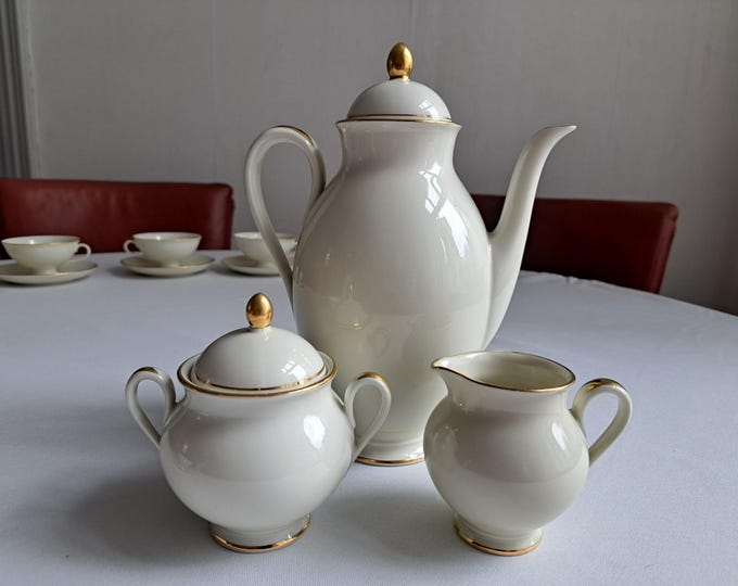 Fürstenberg coffee pot and cream set, Fürstin series, Dekor Goldring, sugar bowl, milk jug