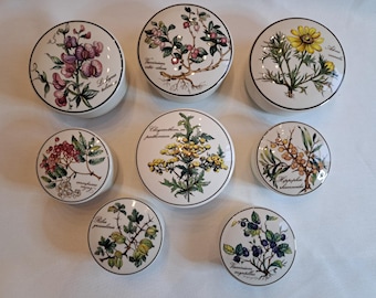 Może przedstawiać: Zestaw siedmiu okrągłych białych ceramicznych pojemników z pokrywkami, z których każdy ozdobiony jest unikalną ilustracją botaniczną roślin i jagód wraz z odpowiadającymi im łacińskimi nazwami wydrukowanymi czarnym tekstem na powierzchni pokrywek.