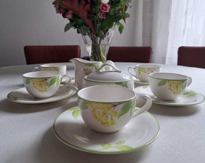 Villeroy & Boch Green Garland tea set (6 persons), teacup and saucer, cream set, sugar bowl, milk jug