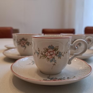 Könnte beinhalten: Ein Set aus sechs weißen Teetassen und Untertassen. Jede Tasse und Untertasse hat ein Blumendesign mit rosa und blauen Blumen und grünen Blättern. Die Ränder der Tassen und Untertassen sind mit einem roten Rand versehen. Die Tassen haben einen gebogenen Griff.