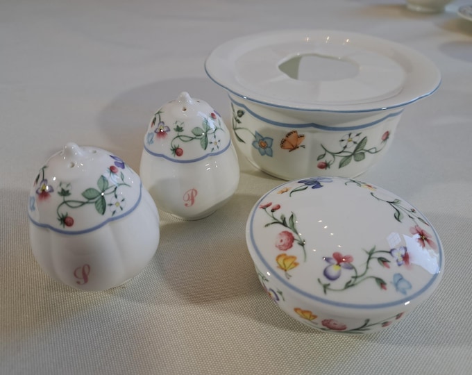 Villeroy & Boch Mariposa loose crockery, rechaud, lidded box, salt and pepper shakers