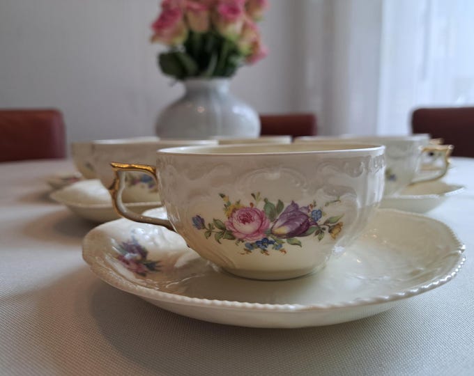 Rosenthal Sanssouci tea set (6 pers.) Classic Rose Elfenbein with Diplomat decoration, tea cup and saucer