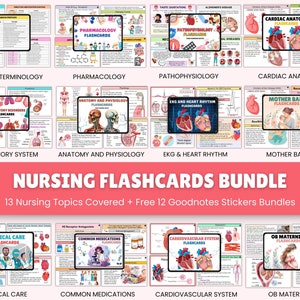 Lot de cartes-éclair sur les soins infirmiers, anatomie, pharmacologie, cardiovasculaire, obstétrique-maternité, physiopathologie, ECG et rythme cardiaque, terminologie médicale