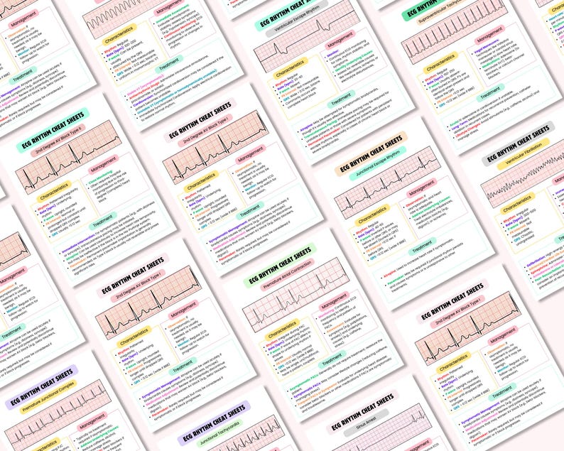 May include: A set of 10 printable ECG rhythm cheat sheets with different heart rhythms, characteristics, management, and treatment information. Each sheet features a pink and white grid with a black and white EKG waveform.