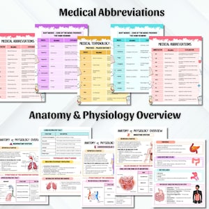 May include: A collection of medical study guides with titles like "Medical Abbreviations" and "Anatomy & Physiology Overview." The guides feature colorful layouts with text and diagrams, designed for educational purposes. The top of the image reads "Medical Abbreviations."