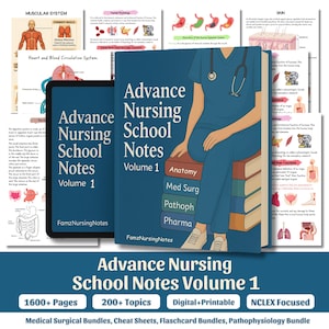 Może przedstawiać: Ilustracja studentki pielęgniarstwa siedzącej na stosie książek zatytułowanych "Advance Nursing School Notes Volume 1". Książki są oznaczone takimi przedmiotami jak Anatomia, Med Surg i Pharma. Obraz zawiera również tablet o tym samym tytule.