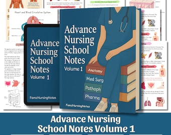 Op de afbeelding: Illustratie van een verpleegkundestudent die op een stapel boeken zit met de titel "Advance Nursing School Notes Volume 1". De boeken zijn gelabeld met onderwerpen als Anatomie, Med Surg en Pharma. De afbeelding bevat ook een tablet met dezelfde titel.