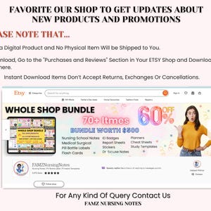 May include: A pink and white Etsy shop banner with the text "WHOLE SHOP BUNDLE" and "70+ Items 60% OFF". The banner advertises a bundle of nursing school notes, ID badges, planners, report sheets, cheat sheets, study templates, flash cards, and more. The text "BUNDLE WORTH $500" is also visible.