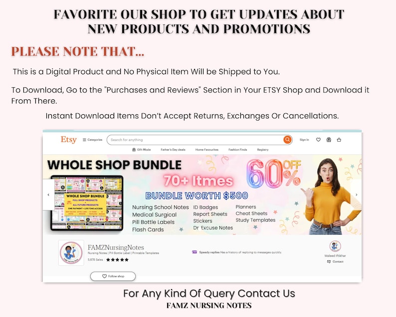 May include: A pink and white Etsy shop banner with the text "WHOLE SHOP BUNDLE" and "70+ Items 60% OFF". The banner advertises a bundle of nursing school notes, ID badges, planners, report sheets, cheat sheets, study templates, flash cards, and more. The text "BUNDLE WORTH $500" is also visible.