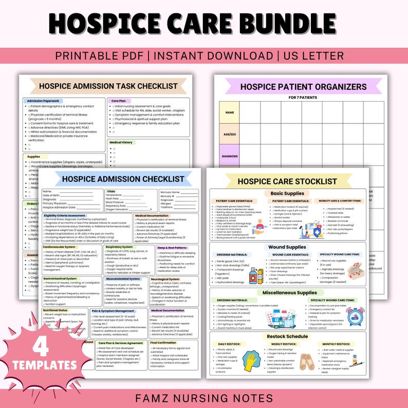 Pu&ograve; includere: Un pacchetto di cure palliative stampabile con quattro modelli: checklist delle attivit&agrave; di ammissione, checklist di ammissione, organizzatori dei pazienti e checklist delle scorte di assistenza. I modelli sono progettati per l'uso con carta di formato lettera degli Stati Uniti.